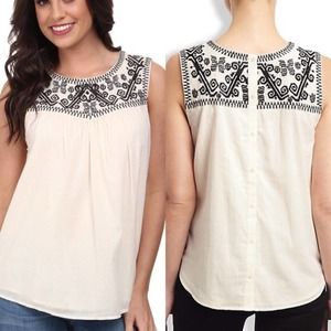 Lucky Brand Boho Geo Embroidered Button Blouse M